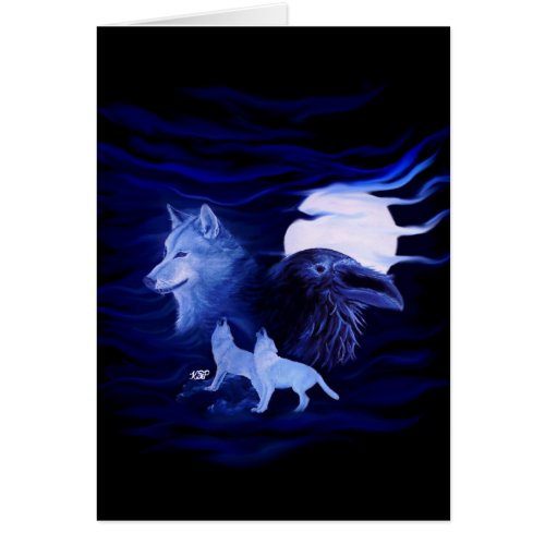 Wolves and Raven with full moon