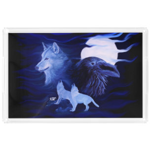 Wolves and Raven with full moon Acrylic Tray