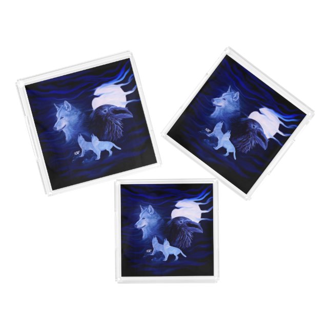 Wolves and Raven with full moon Acrylic Tray (Set)