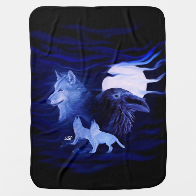 Wolves and Raven with full moon Baby Blanket (Front)