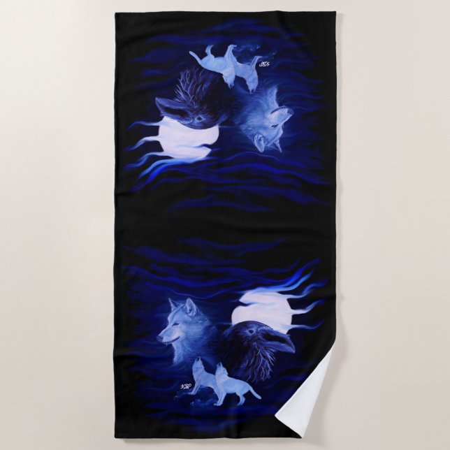 Wolves and Raven with full moon Beach Towel (Front)