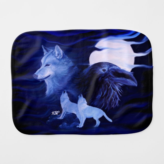 Wolves and Raven with full moon Burp Cloth (Front Horizontal)