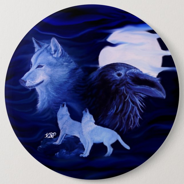 Wolves and Raven with full moon Button (Front)