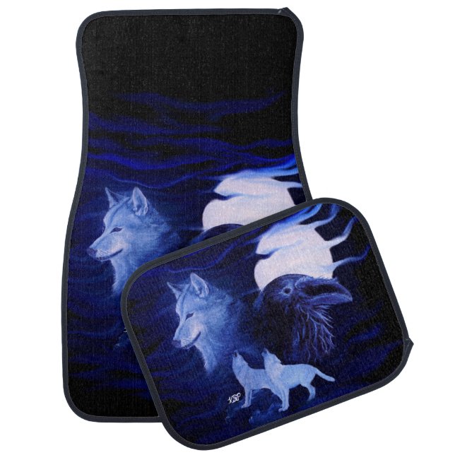 Wolves and Raven with full moon Car Floor Mat (Set)