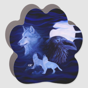 Wolves and Raven with full moon Car Magnet