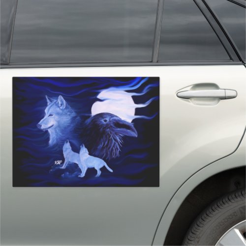 Wolves and Raven with full moon Car Magnet