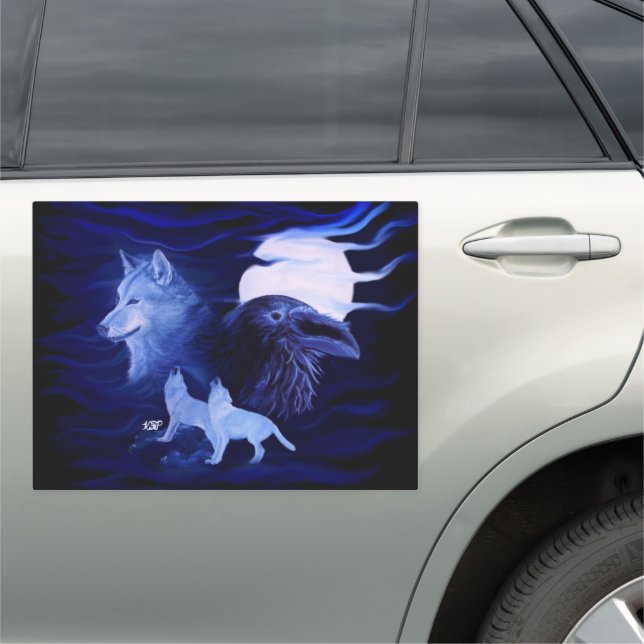 Wolves and Raven with full moon Car Magnet (In Situ)