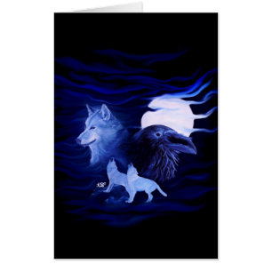 Wolves and Raven with full moon Card
