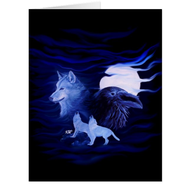 Wolves and Raven with full moon Cards (Front)