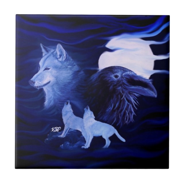 Wolves and Raven with full moon Ceramic Tile (Front)