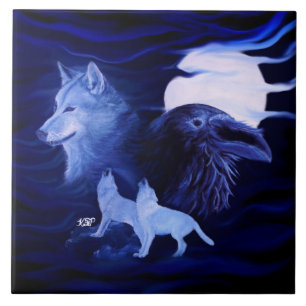 Wolves and Raven with full moon Ceramic Tile
