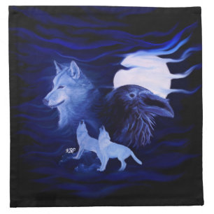 Wolves and Raven with full moon Cloth Napkin
