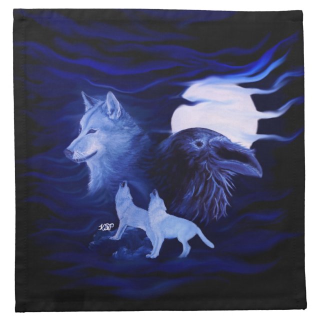 Wolves and Raven with full moon Cloth Napkin (Front)