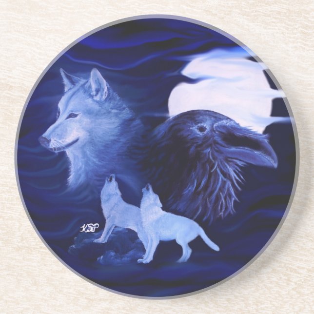 Wolves and Raven with full moon Coaster (Front)
