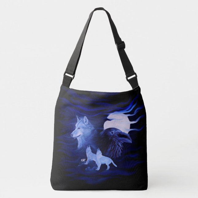 Wolves and Raven with full moon Crossbody Bag (Front)
