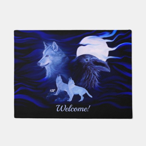 Wolves and Raven with full moon Doormat