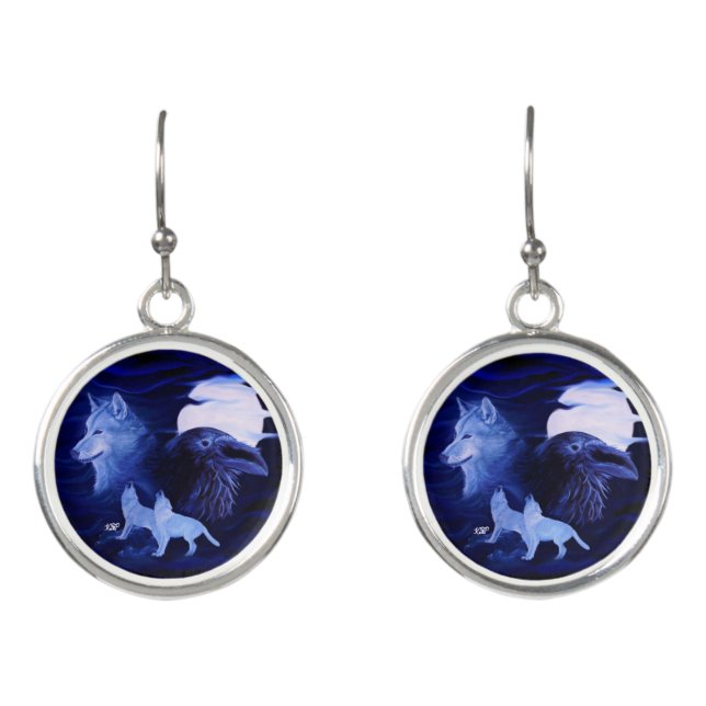 Wolves and Raven with full moon Earrings (Front)