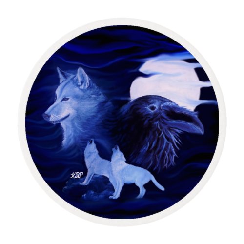 Wolves and Raven with full moon Edible Frosting Rounds