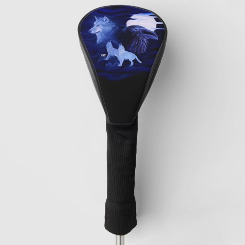 Wolves and Raven with full moon Golf Head Cover