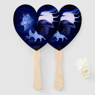 Wolves and Raven with full moon Hand Fan
