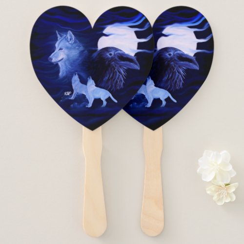 Wolves and Raven with full moon Hand Fan
