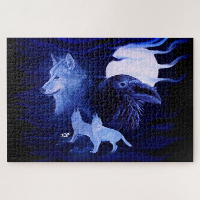 Wolves and Raven with full moon Jigsaw Puzzle (Horizontal)