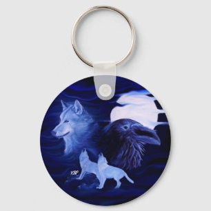 Wolves and Raven with full moon Keychain