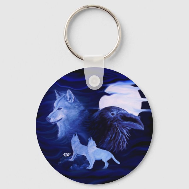 Wolves and Raven with full moon Keychain (Front)