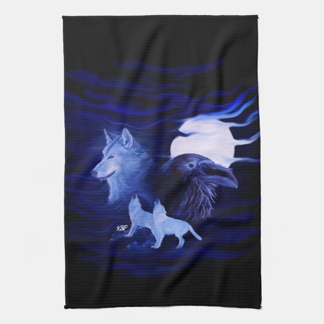 Wolves and Raven with full moon Kitchen Towel (Vertical)