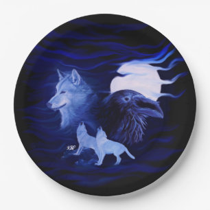 Wolves and Raven with full moon Paper Plates