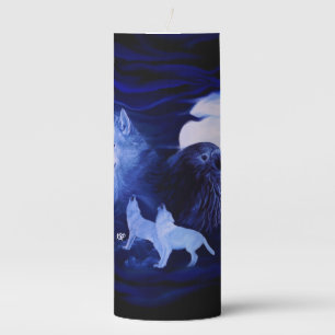 Wolves and Raven with full moon Pillar Candle