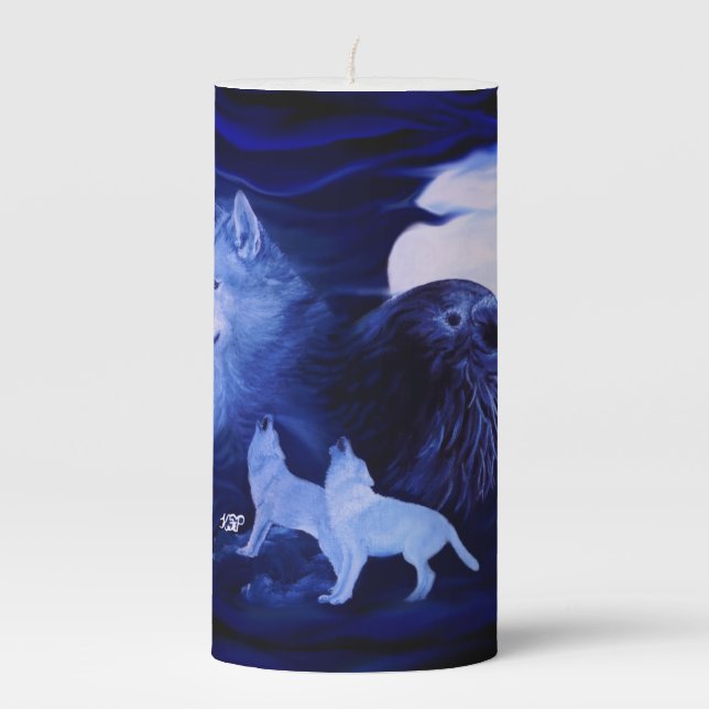 Wolves and Raven with full moon Pillar Candle (Front)