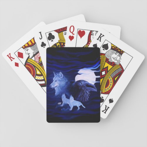 Wolves and Raven with full moon Poker Cards