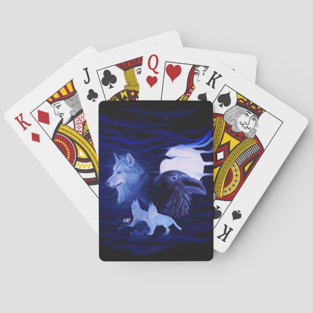 Wolves and Raven with full moon Poker Cards (Back)