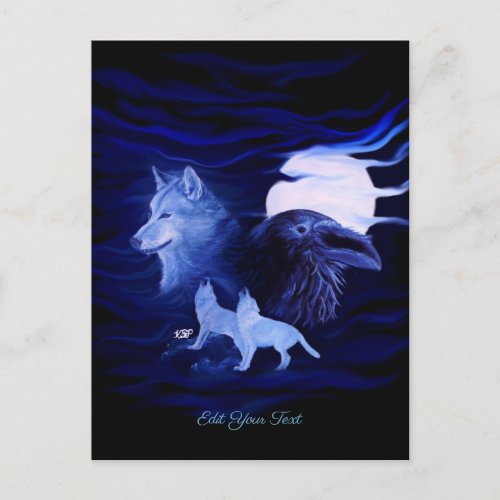 Wolves and Raven with full moon Postcard