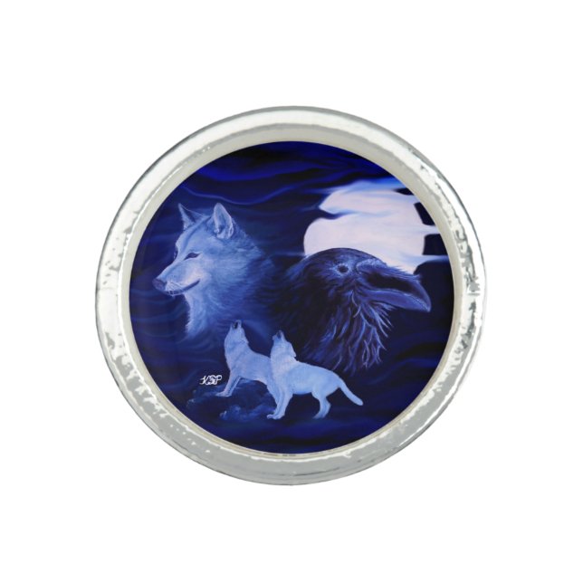 Wolves and Raven with full moon Ring (Front)