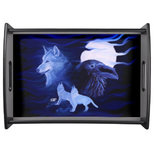 Wolves and Raven with full moon Serving Tray
