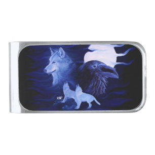 Wolves and Raven with full moon Silver Finish Money Clip