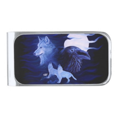 Wolves and Raven with full moon Silver Finish Money Clip