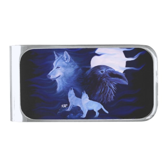 Wolves and Raven with full moon Silver Finish Money Clip (Front)