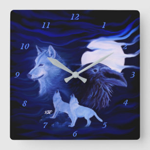 Wolves and Raven with full moon Square Wall Clock