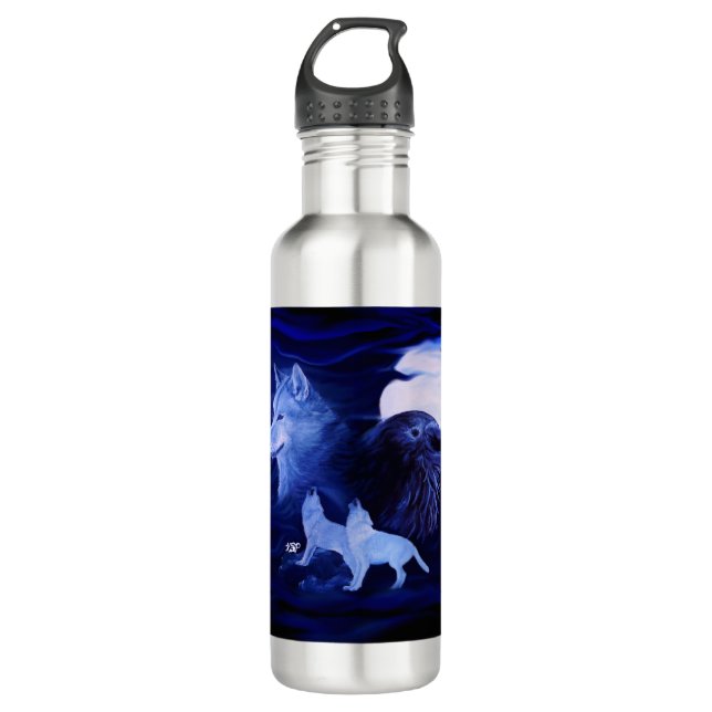 Wolves and Raven with full moon Stainless Steel Water Bottle (Front)