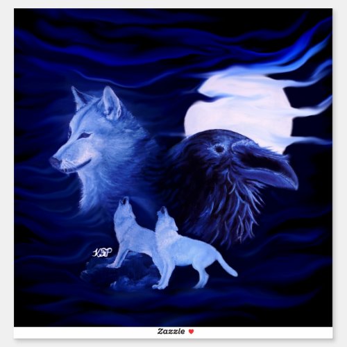 Wolves and Raven with full moon Sticker