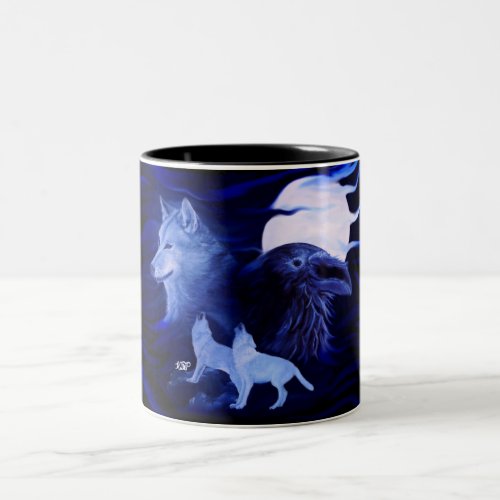 Wolves and Raven with full moon Two_Tone Coffee Mug