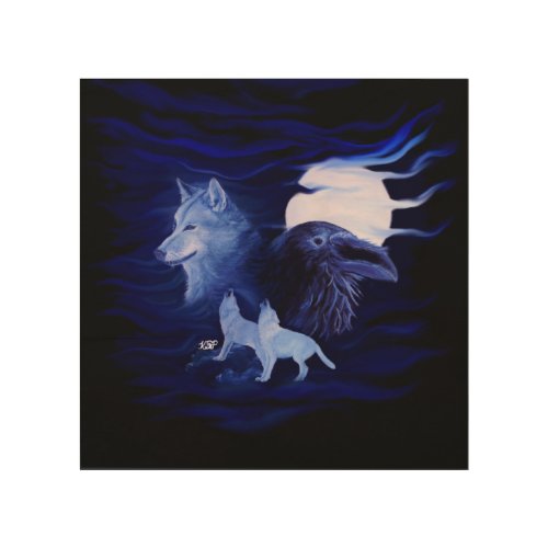 Wolves and Raven with full moon Wood Wall Art