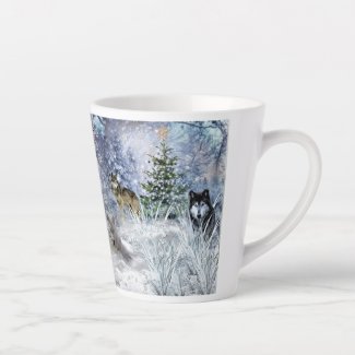 Wolves at Christmas Collage Art Latte Mug