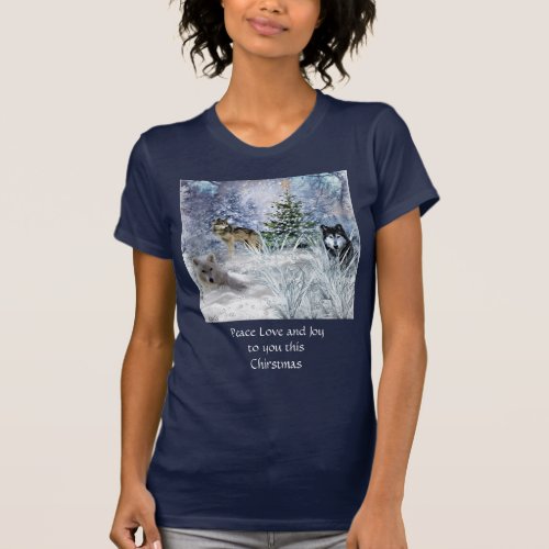 Wolves at Christmas Peace Love Joy Navy T_Shirt