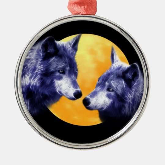 Wolves at full moon metal ornament
