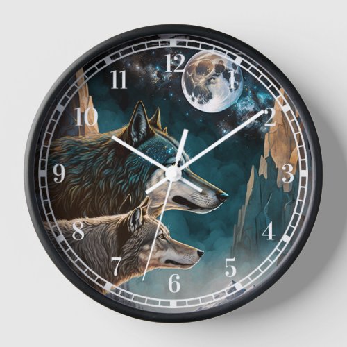 Wolves Full Moon Fantasy Landscape Clock