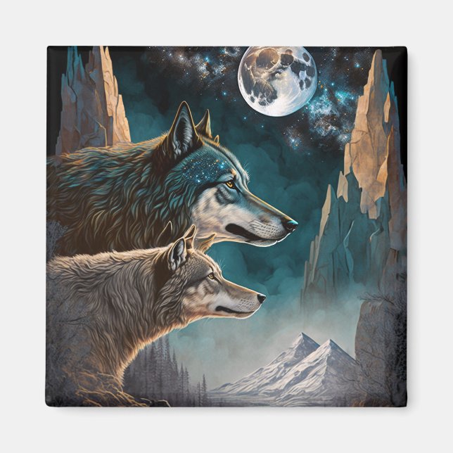 Wolves Full Moon Fantasy Landscape Magnet (Front)